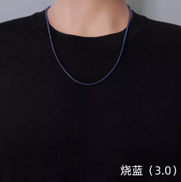 3mm Wide Pure Titanium Necklace Square Box Chain Anti Allergic Burnt Blue Color