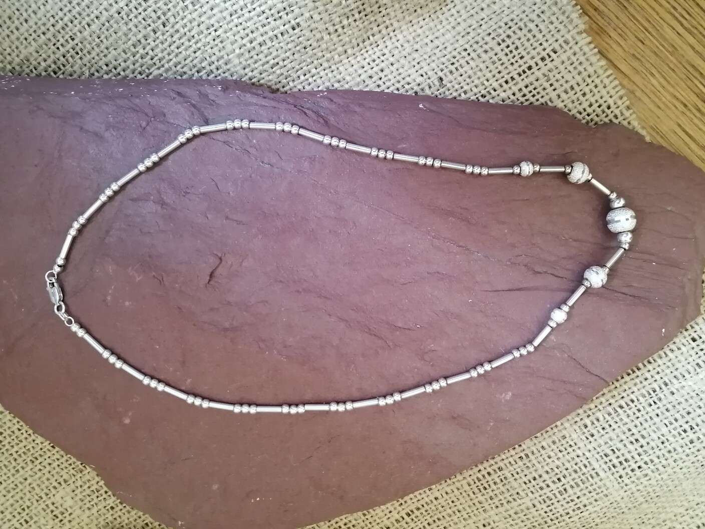 Sterling Silver Bead, Bar and Sparkling Ball Necklace, Excellent!