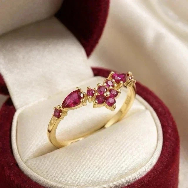 Lab Created Red Ruby 2 Ct Round Cut Women Engagement Ring 14K Yellow Gold Plated