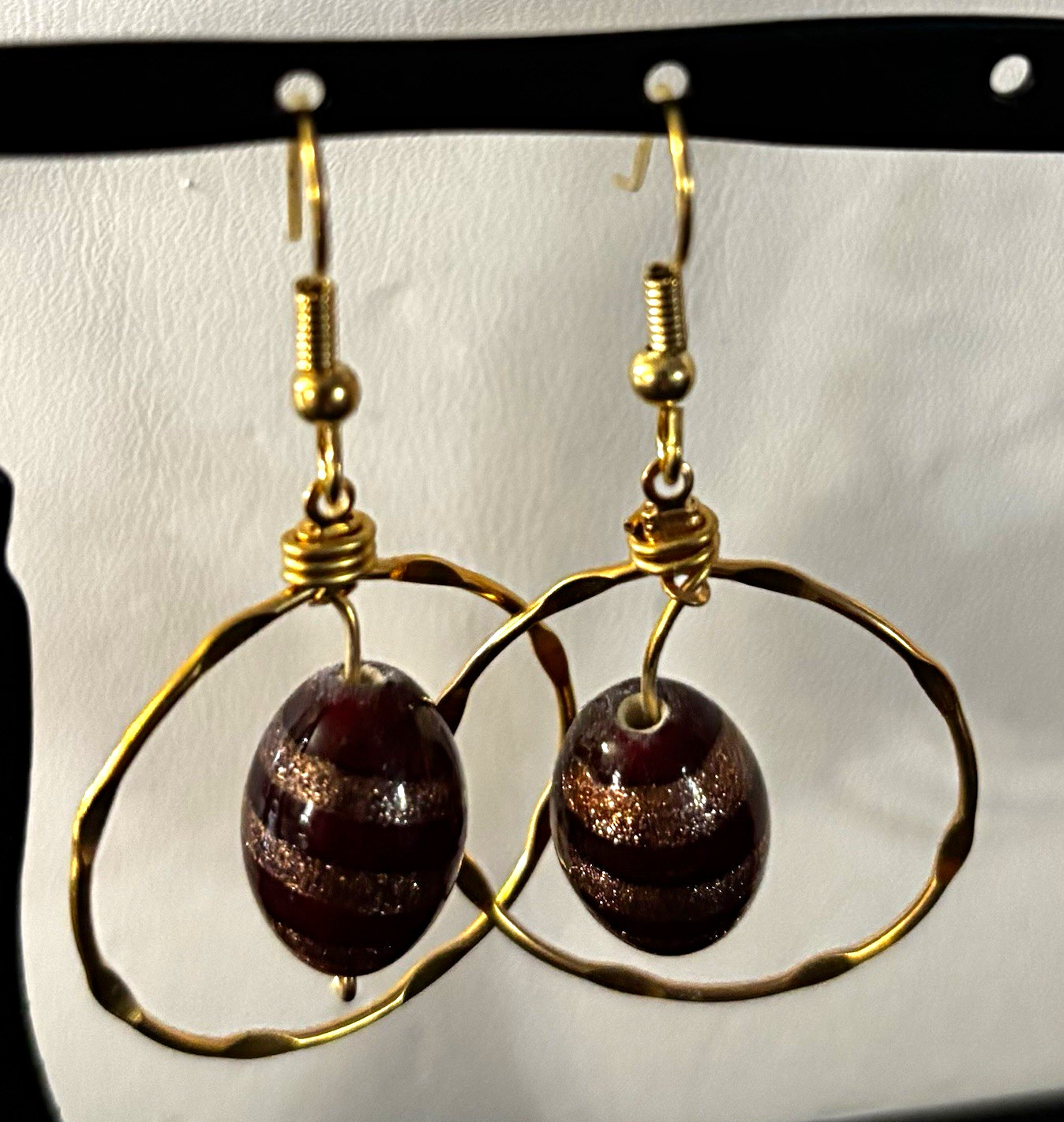 Dangle/Drop Hoop Earrings Oval Brown Glass Bead Hook Gold Tone Metal