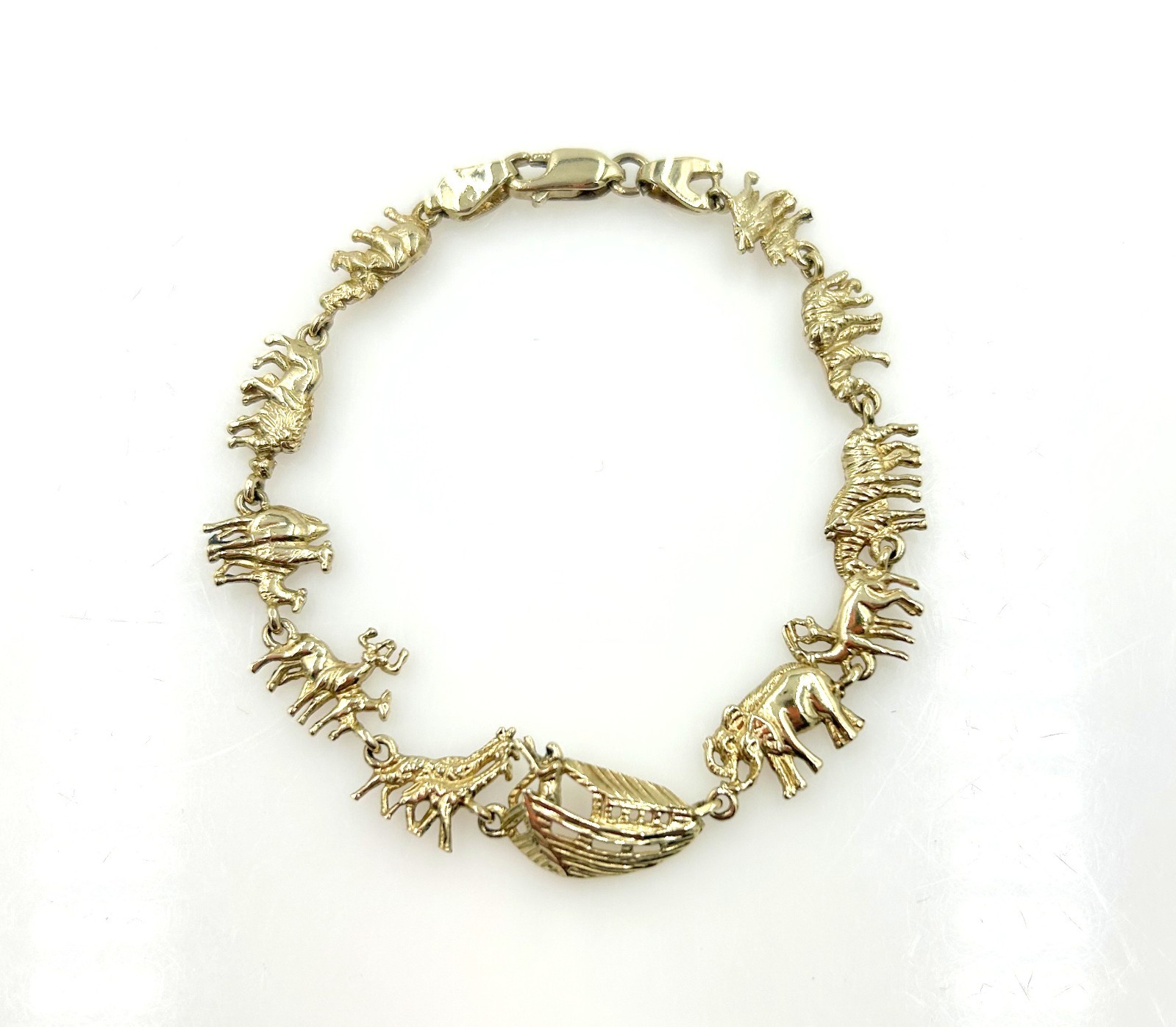 10K Yellow Gold 10mm Noah’s Ark Paired Animals Link Religious Bracelet 7″ 8.2g