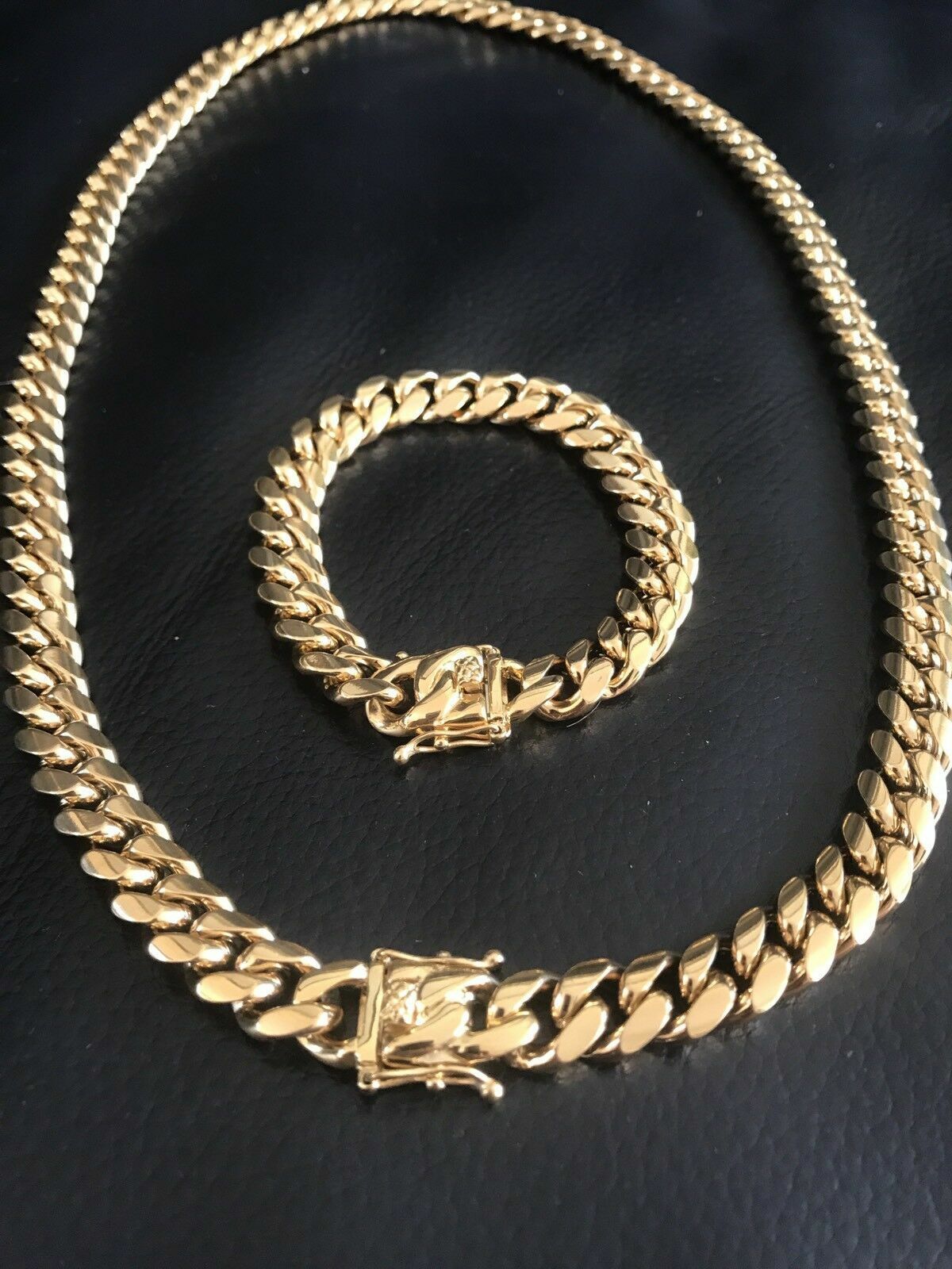 Real 14K/18K Gold Plated PVD Solid Miami Cuban Link Chain Bracelet Set 4mm-14mm