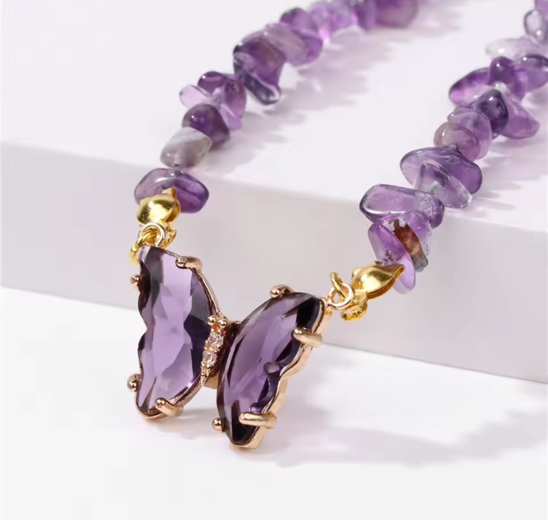Trendy Butterfly Crystal Necklace Natural Purple Amethysts Quartzs Crystal Chip