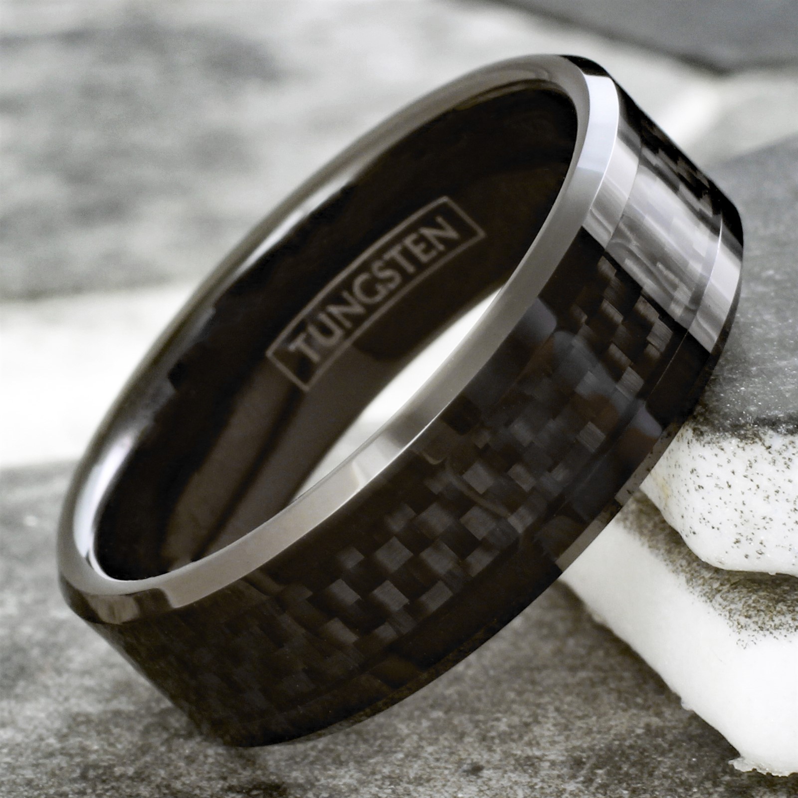 8mm Tungsten Carbide Ring Black Carbon Fiber Inlay Wedding Band Mens Jewelry