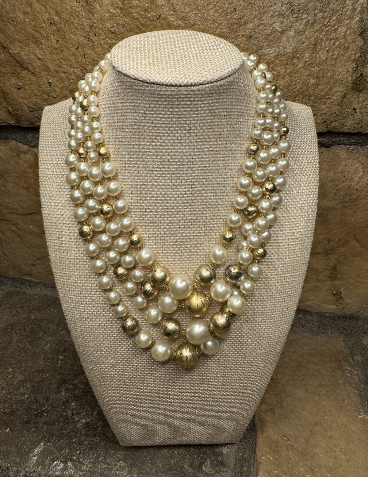 Vintage Multi-Strand Ivory Imitation Pearl & Gold Bead Necklace w Hook c1950s
