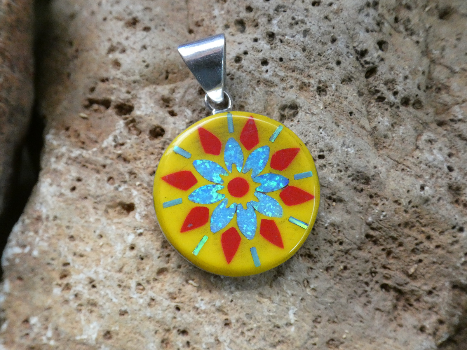 Yellow Flower Burst Gemstone Opal Aluminum Sterling Silver Alloy Pendant AK81