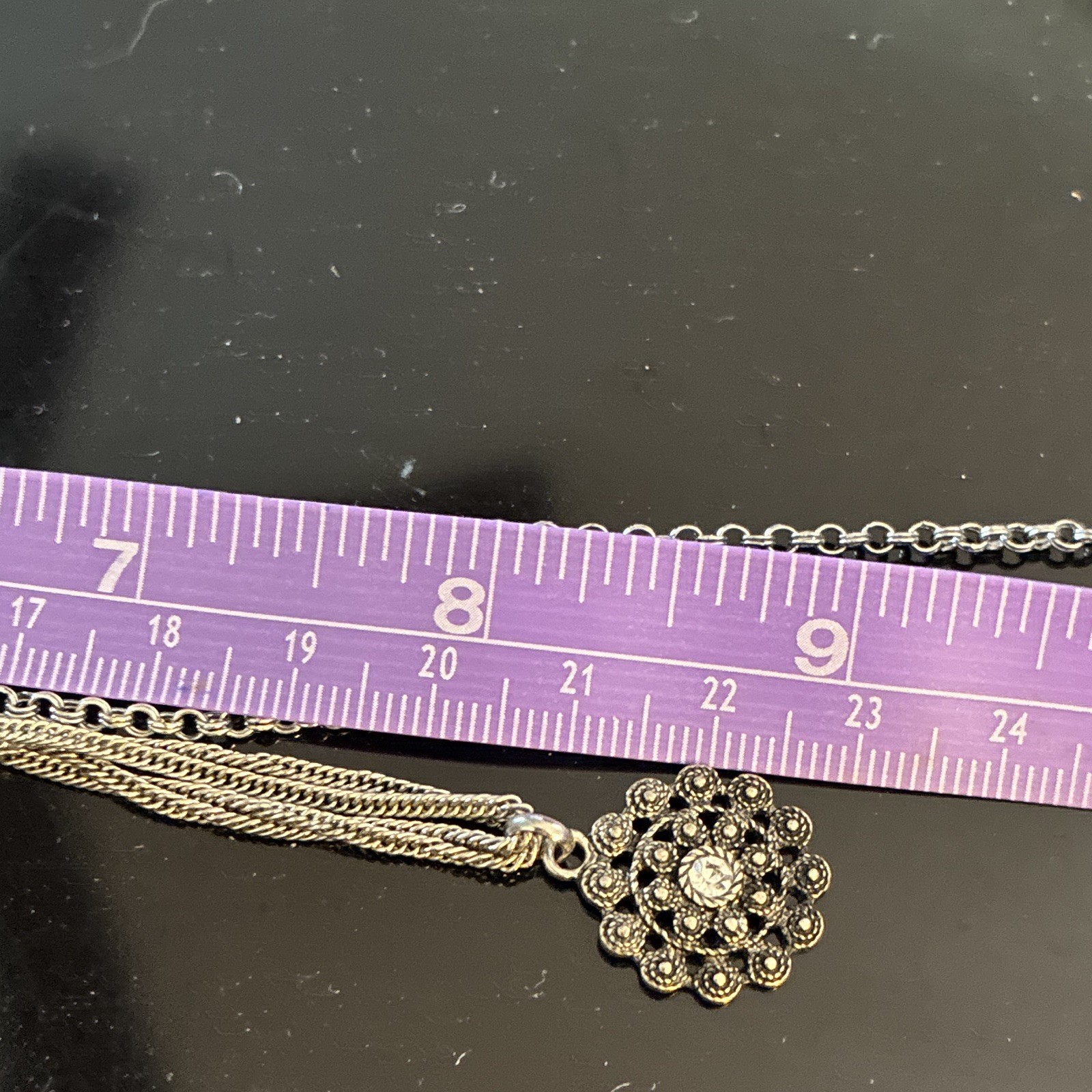 Vintage Silver Tone Multi Strand Layered Locket Necklace Floral Filigree Slide
