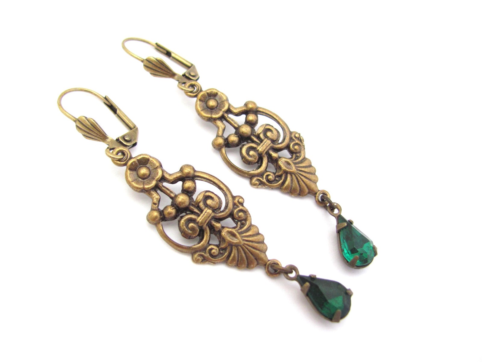Art Deco Earrings Design Emerald Green Crystal Bohemian Antiqued Brass Long