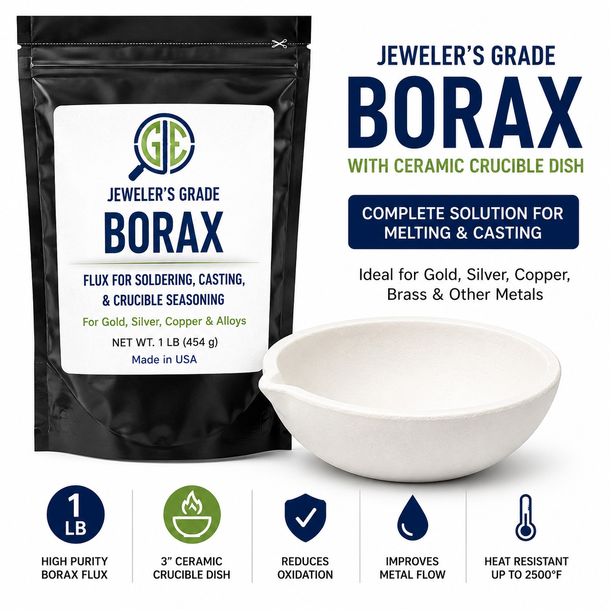 Borax Flux Kit 1 lb w/ 3″ Ceramic Crucible Jewelry Gold Silver Copper Melting