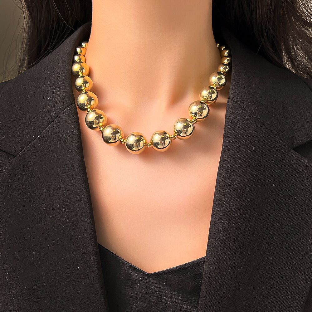 Classic Woman 18K Gold Plated Stainless Steel Beaded Ball Necklace Chain 2 Color