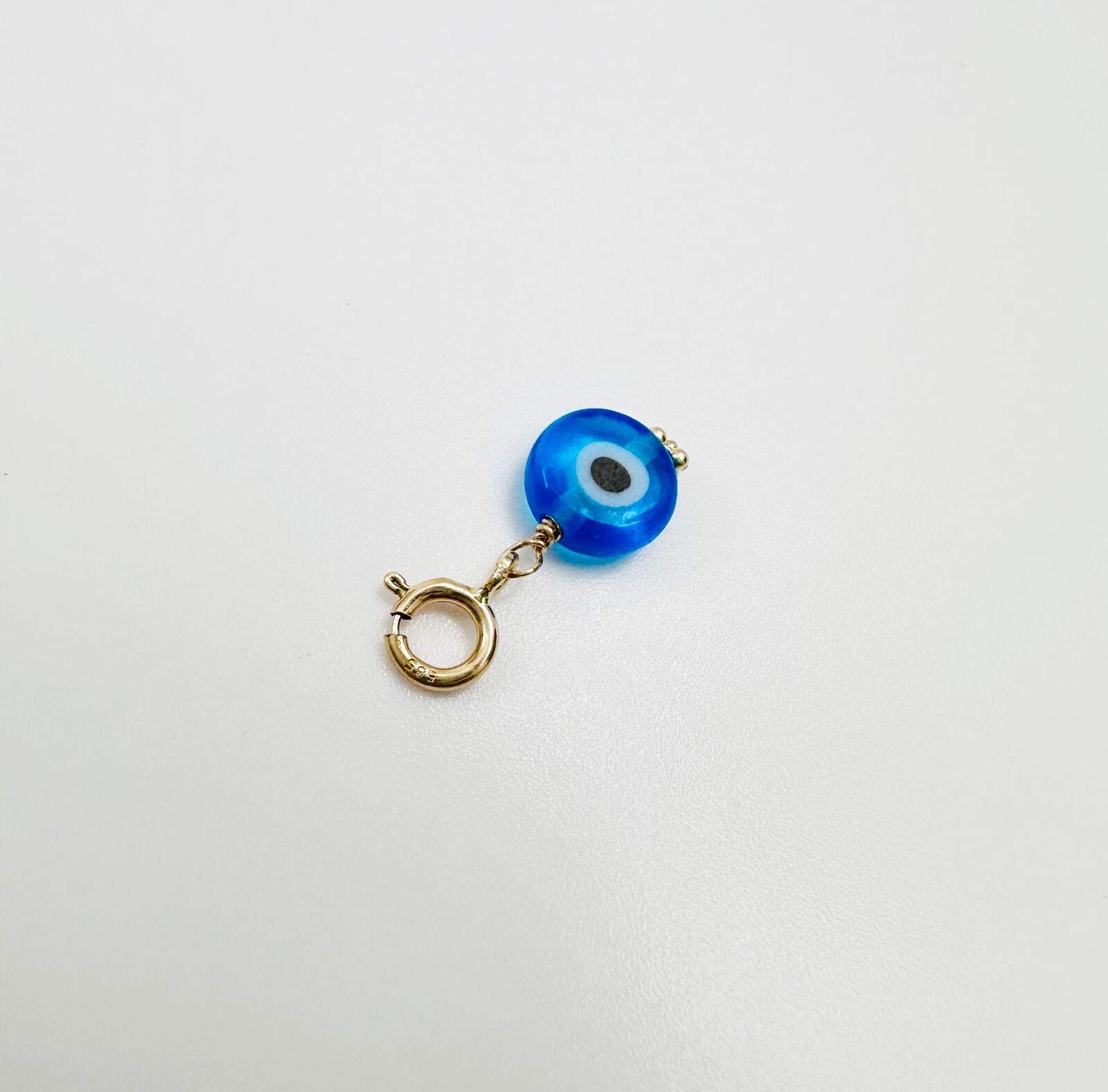 14K Solid Yellow Gold Millefiori Glass Blue Evil Eye Charm Pendant Spring Clasp