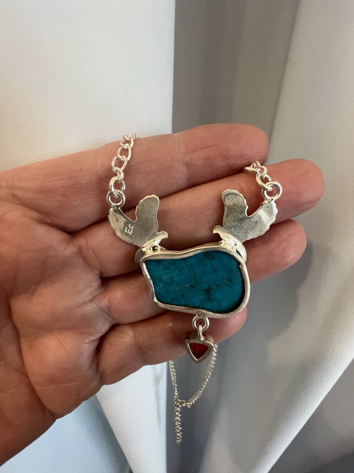 Sterling Silver Chain Necklace Bird Pendant Turquoise Stone Red Charm