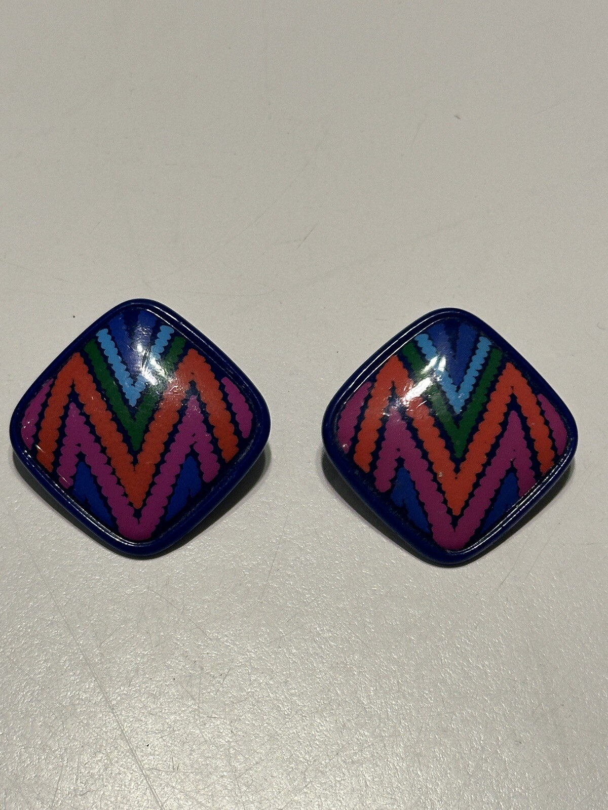 Vintage 80s Square Acrylic Lucite Blue Multi-Color Chevron Pieced Earrings