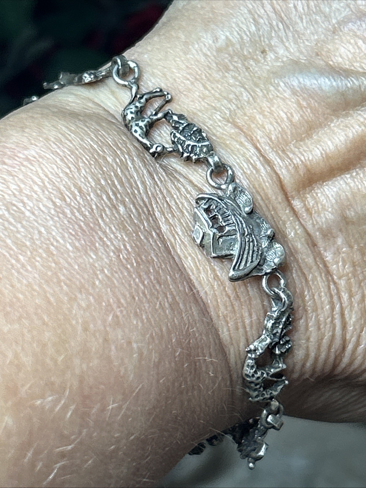 53. Vintage Sterling 925 Noahs Ark Animal Link Chain Bracelet 7 1/4″. 8.8g.