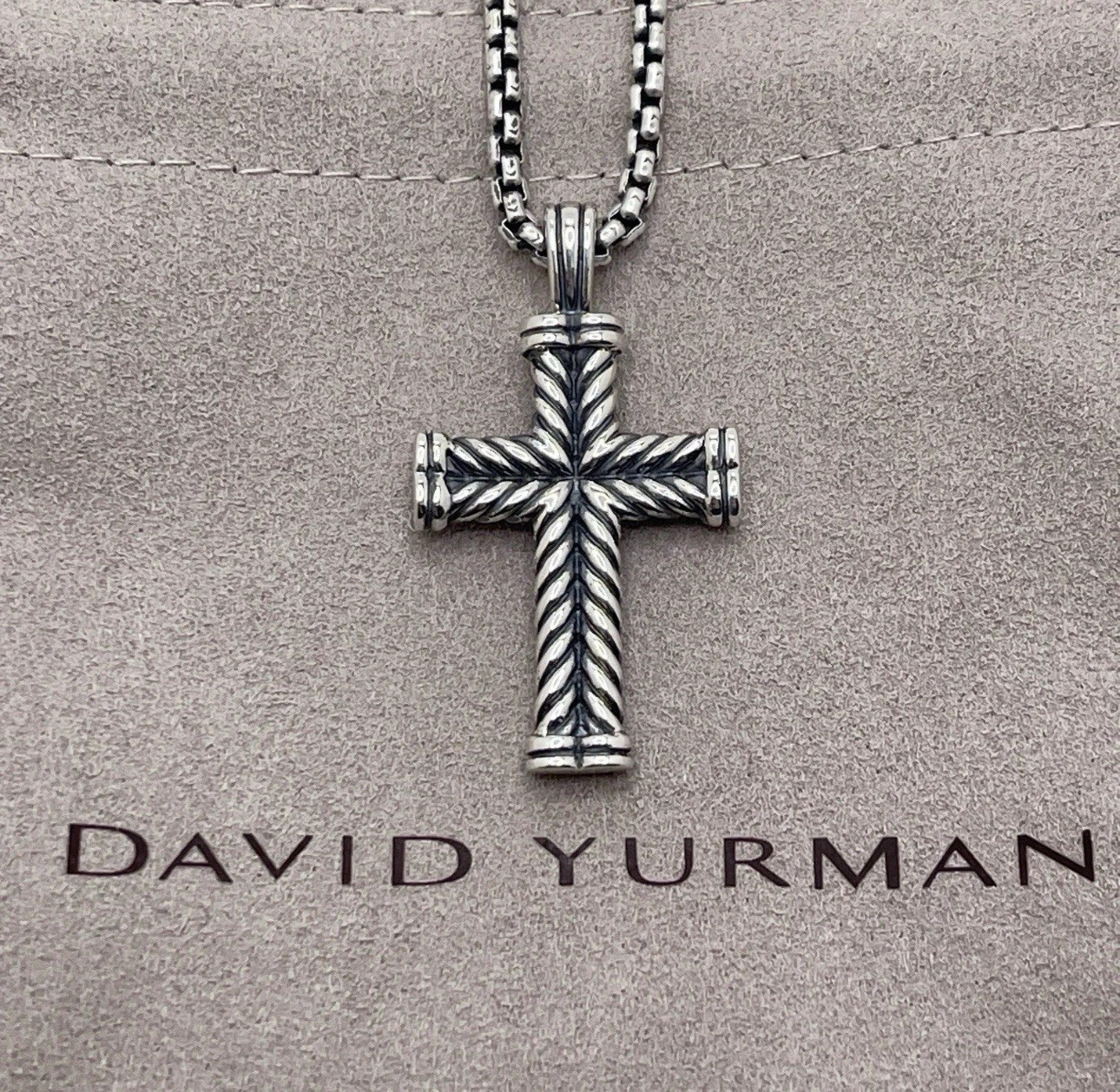 David Yurman Sterling Silver Chevron Cross Pendant & Chain 20”
