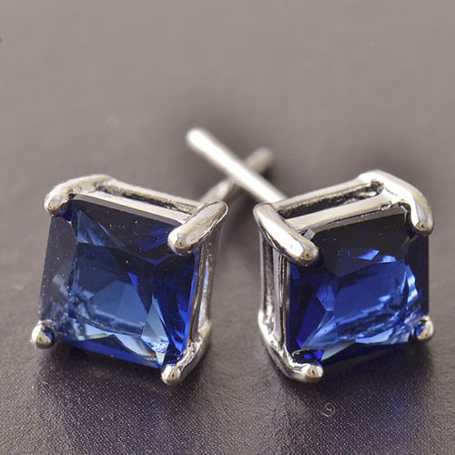 New White Gold Filled 6mm Princess Square Cut Sapphire Blue CZ Stud Earrings