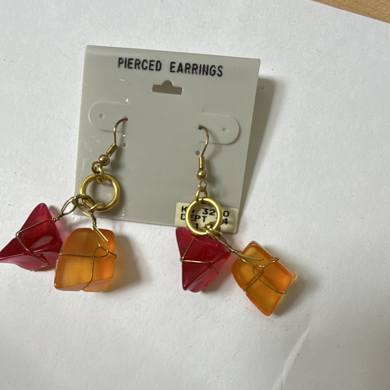 Pierced Gold Tone Wire Wrapped Dangle Earrings Red Orange Glass Bead Drops