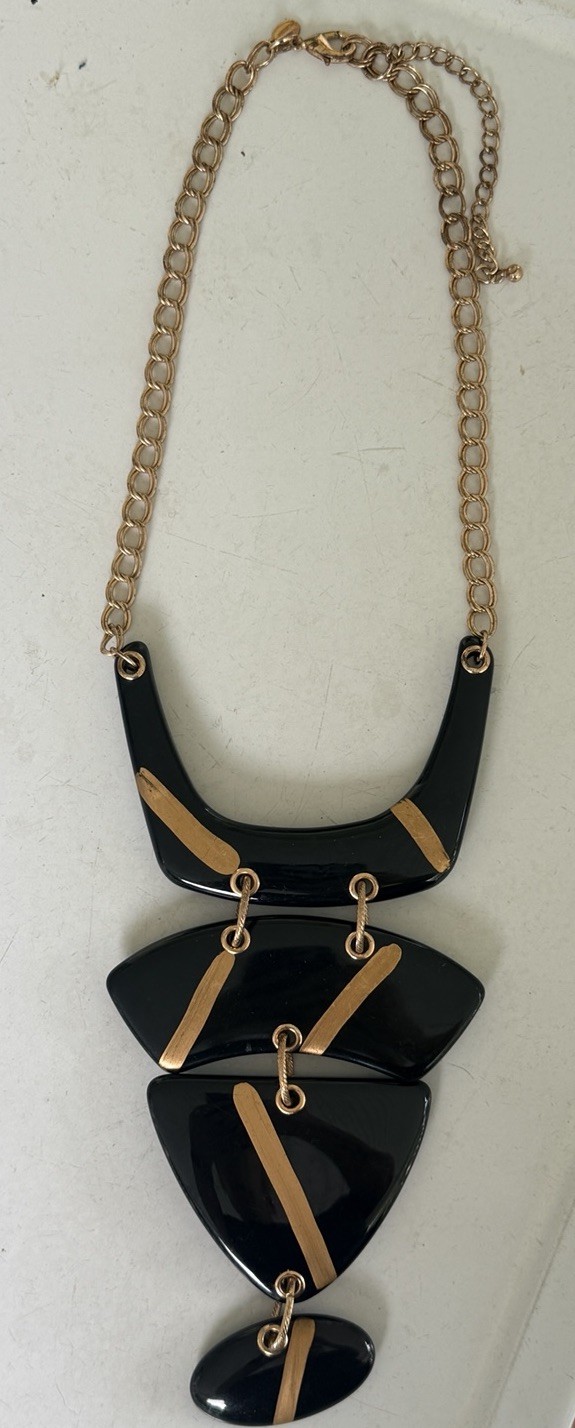 Chico’s Geometric Black Gold Statement Tier Bib Necklace Art Deco Chunky Bold