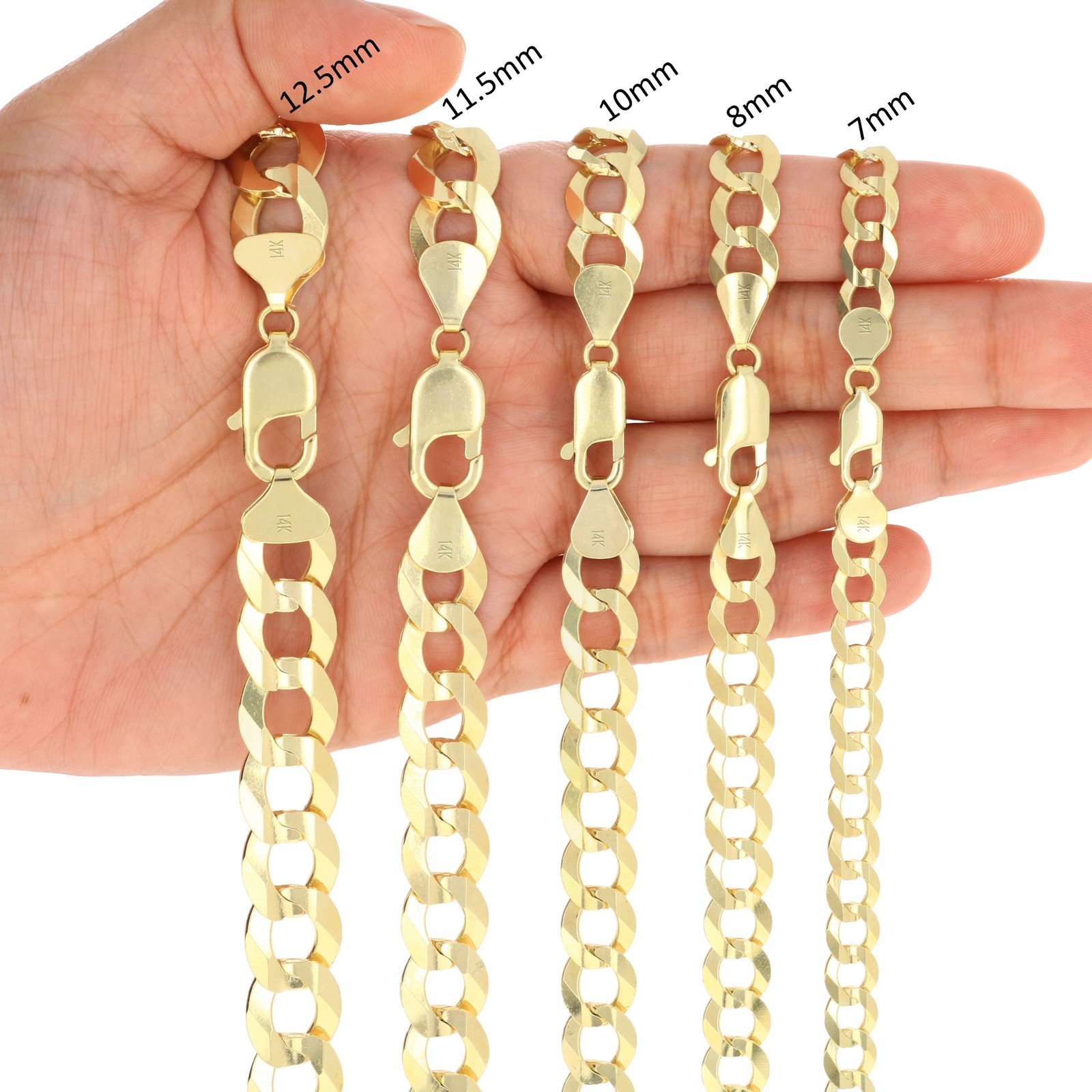14K Yellow Gold Solid 1.5mm-12mm Curb Chain Cuban Link Necklace Bracelet 7″- 30″