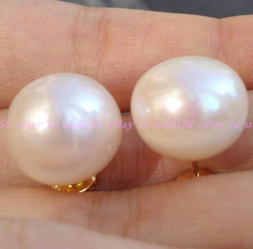 Huge 13-14mm Real Natural South Sea White Pearl Stud Earrings 14k