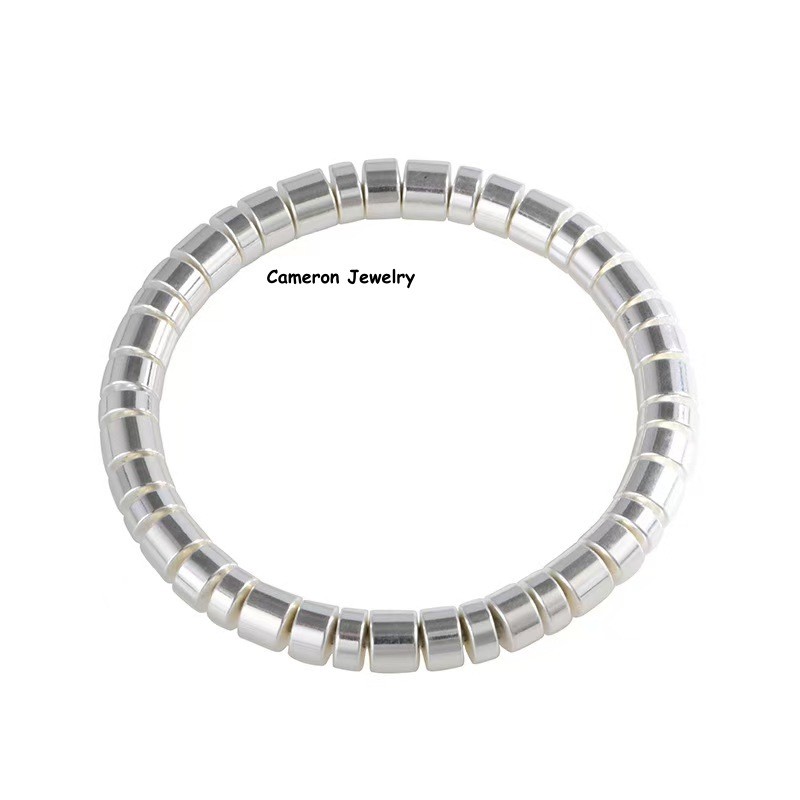 Solid S999 Fine Silver Chain 6mm Straight-cut Tube Beads Bracelet 6.3-7.9inch