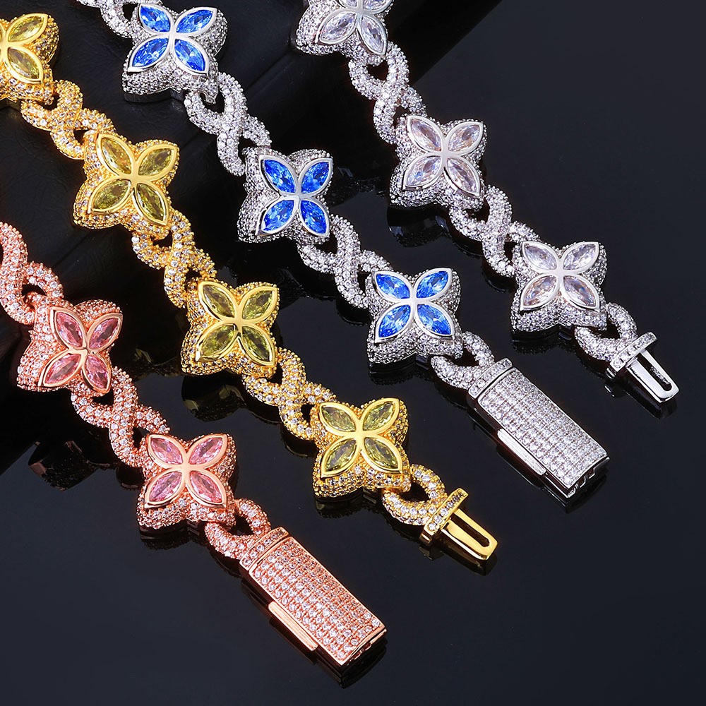 18K Gold Plated Four Leaf Clover Chain 5A Iced CZ Out Hip Hop Jewelry for Men