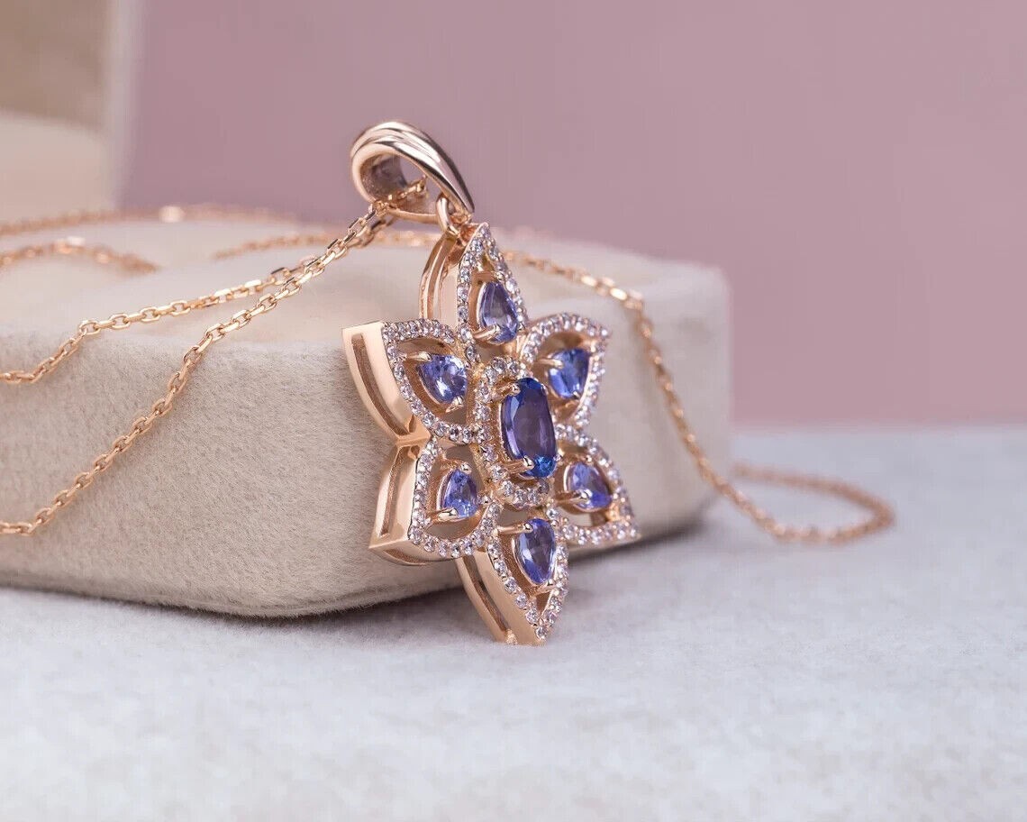 Oval Cut Simulated Tanzanite Gorgeous Flower Charm Pendant 14K Rose Gold Plated