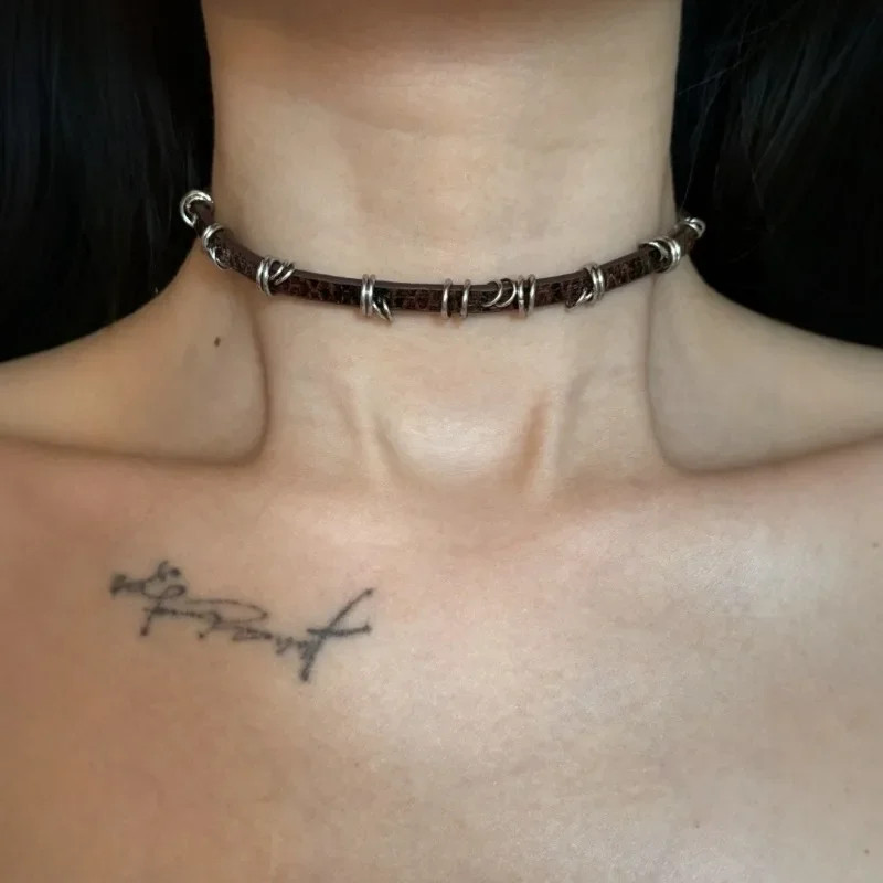 Vintage Irregular Metal Circle Leather Necklace Choker Gothic Collar Jewelry