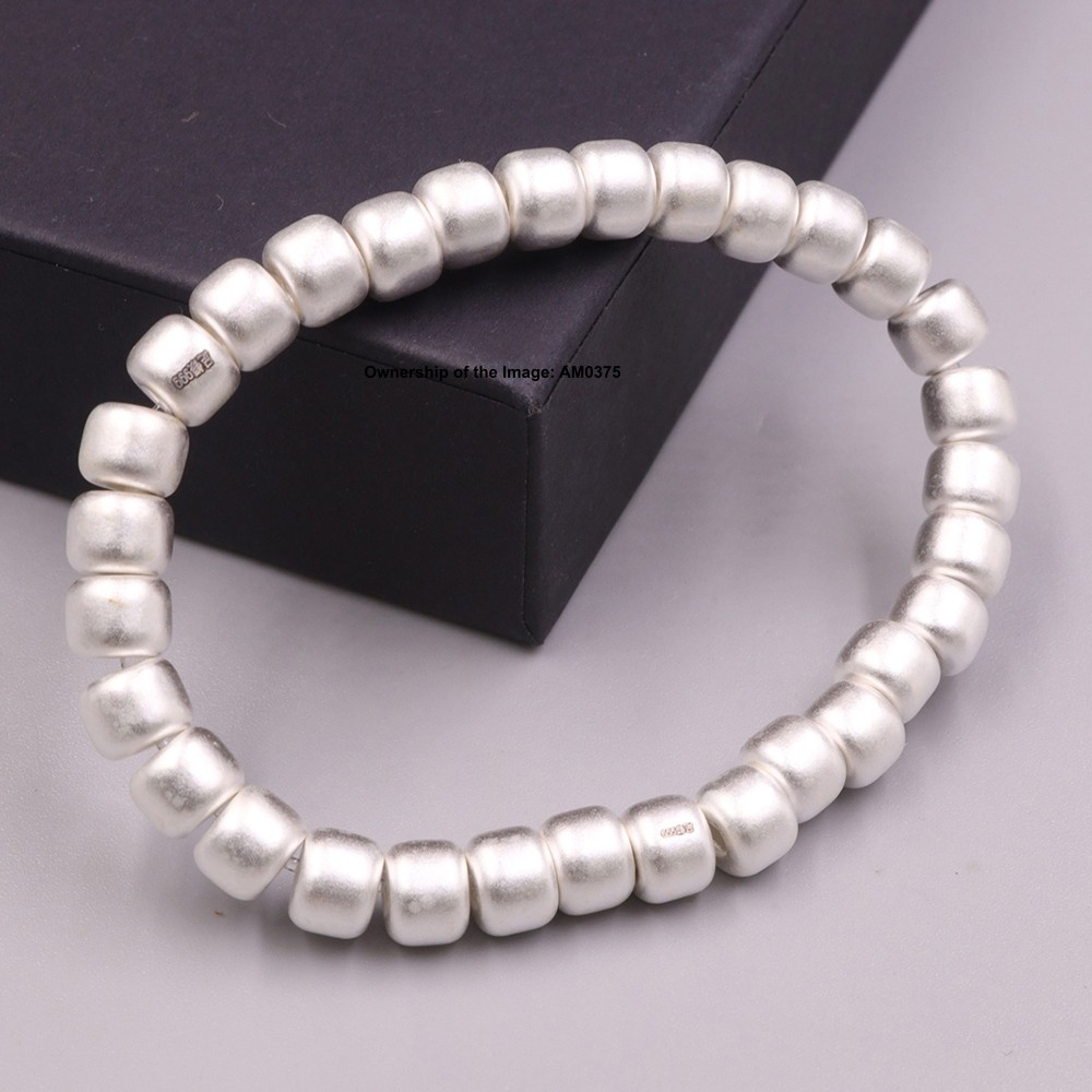 Pure 999 Fine Silver 7mm Barrel Beads Elastic Bracelet Women’s Stretch Bracelet