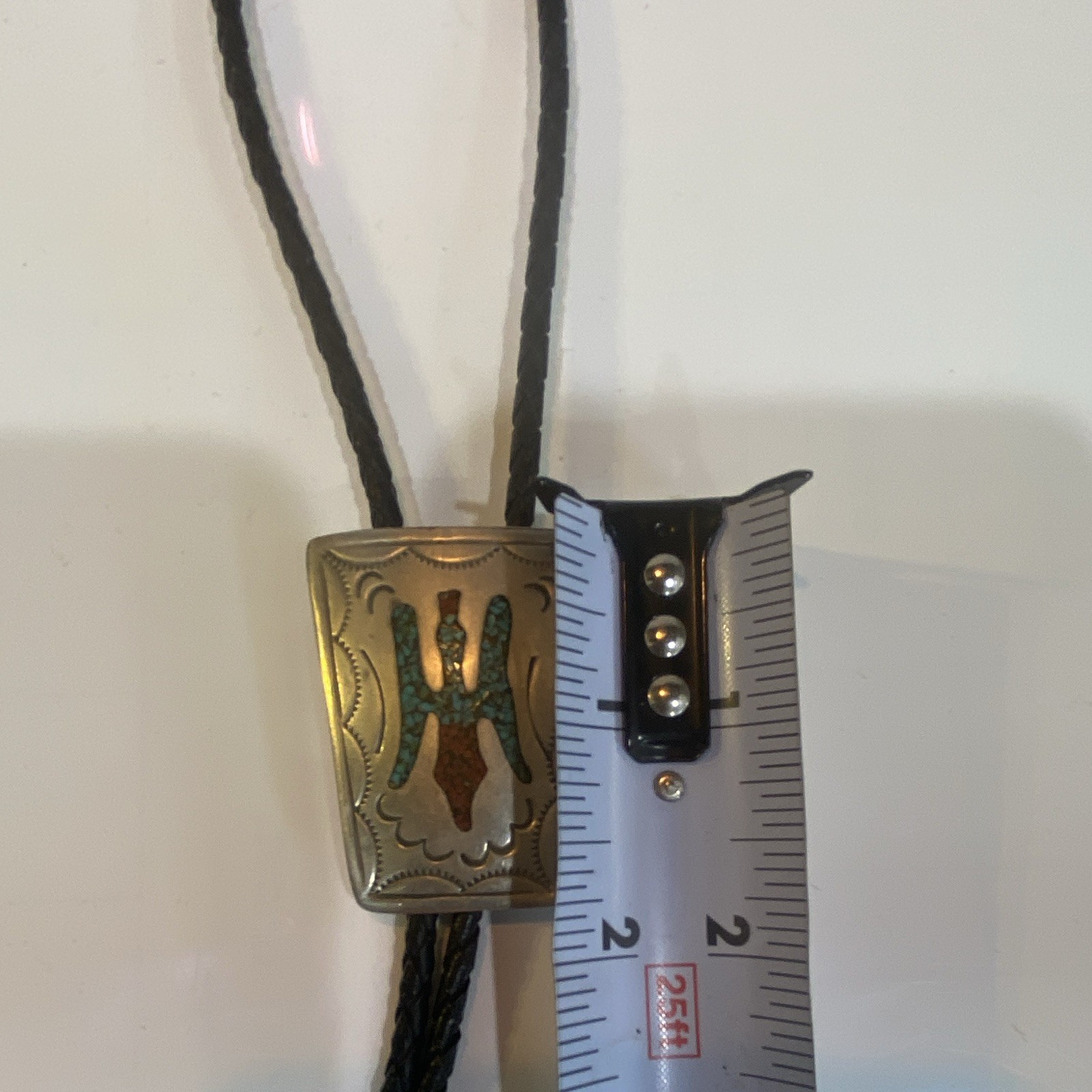Vintage Navajo Unsigned silver Bolo Tie Turquoise Coral Chip Inlay Peyote Bird