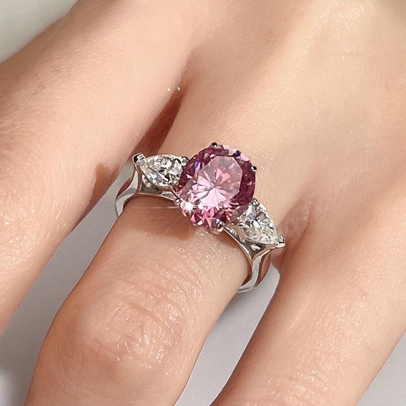 2.50Ct Oval Pink Moissanite Three Stone Ring 925 Sterling Silver Pear Side Stone