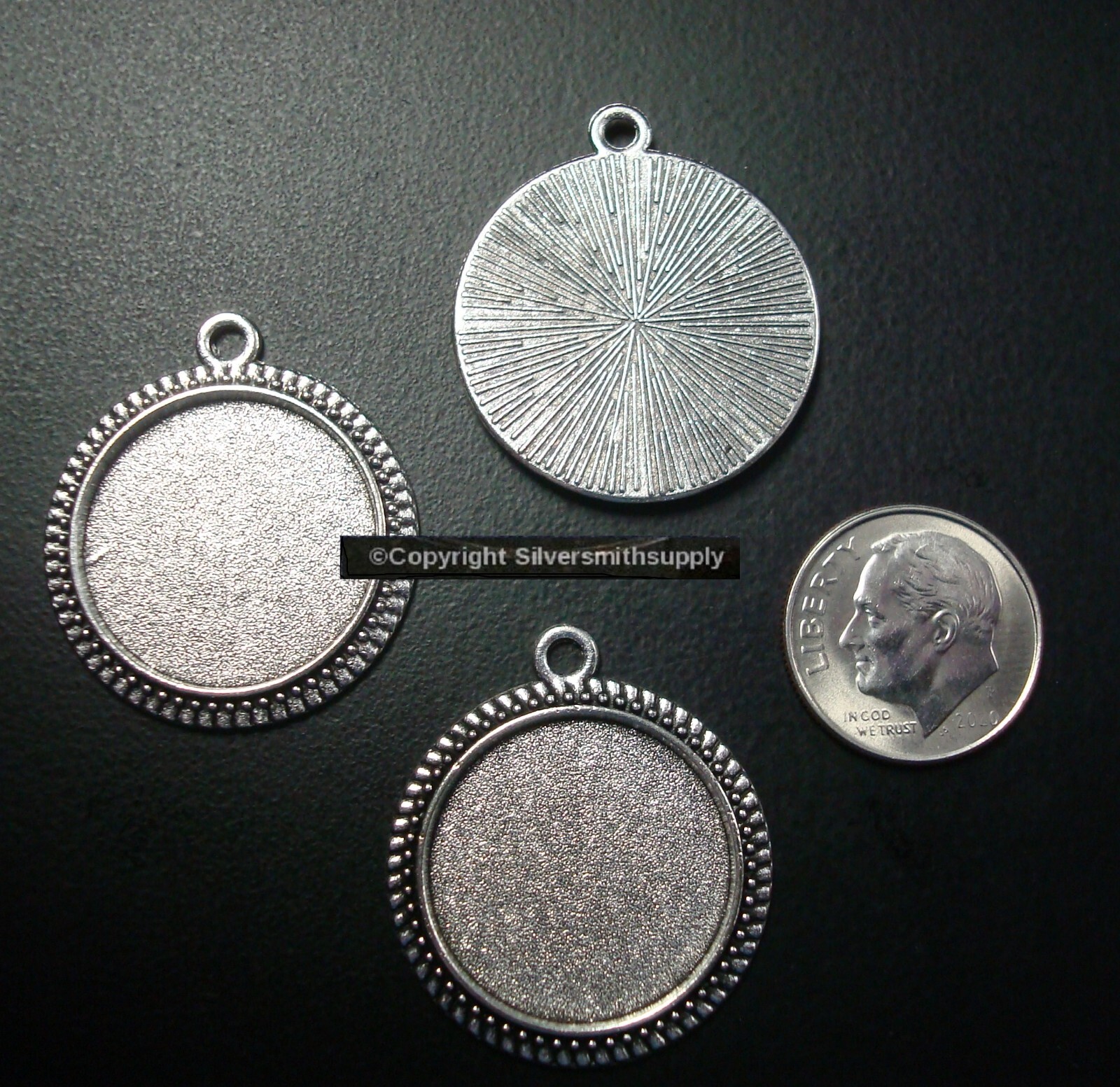 3 Bezel cup tray settings Silver plt holds 20mm cabochon bailed pendants FPP003