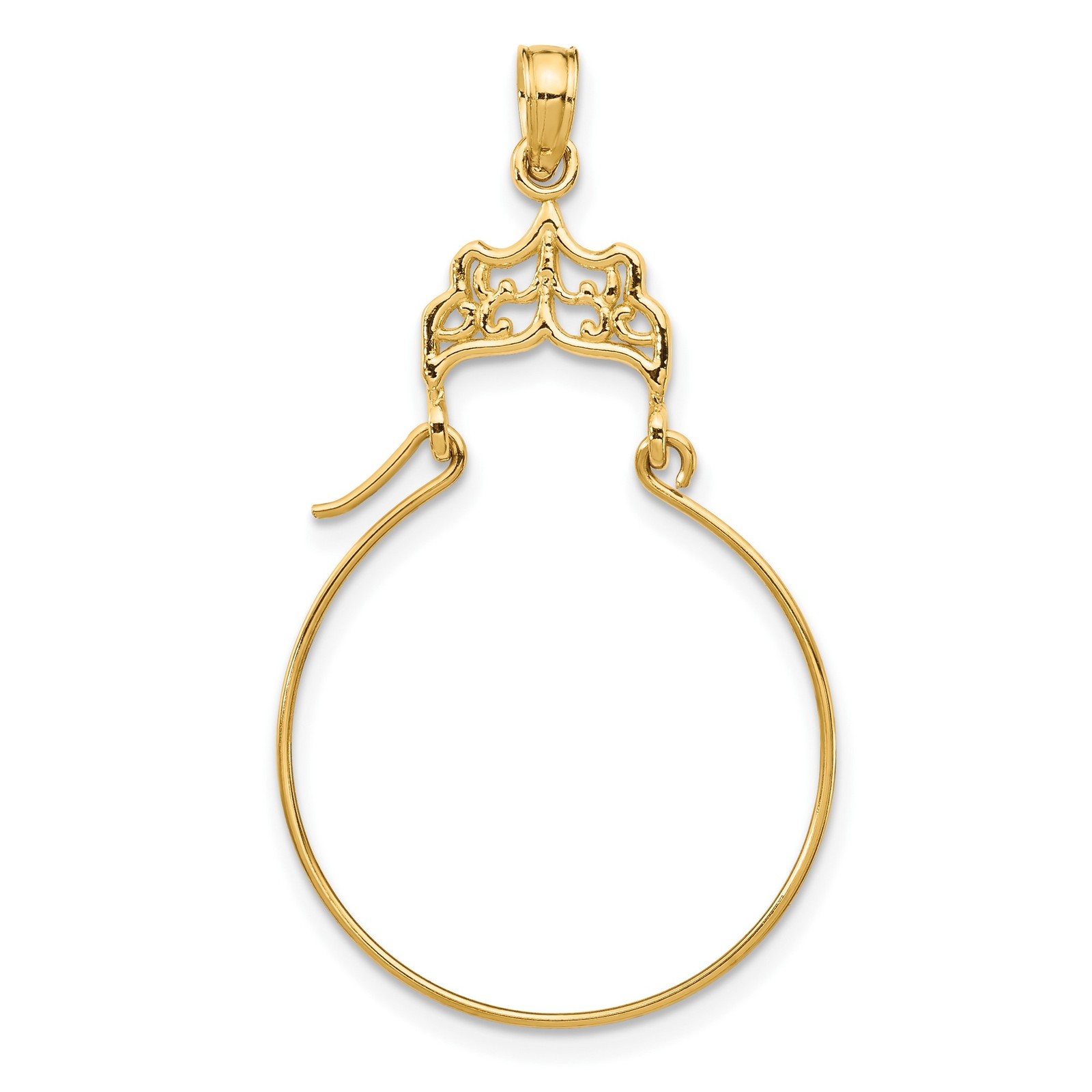10k Yellow Gold Filigree Hoop Charm Holder Pendant for Women with Crown Motif