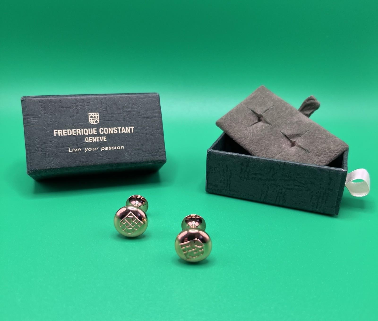 Frederique Constant Gold Tone Cufflinks – Swiss Luxury Logo Dress Formal