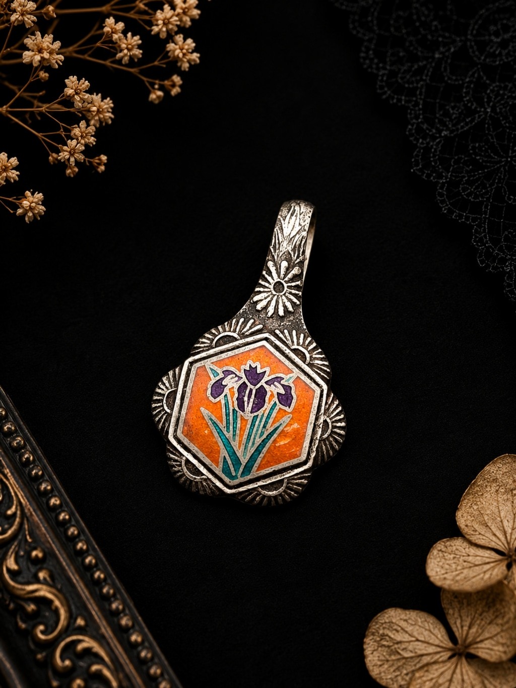 Vintage Sterling Silver Enamel Iris Floral Pendant Marked Art Nouveau Style