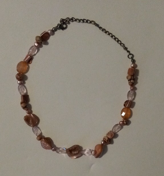 Pink Brown Glass Oval Beaded Necklace Cable Chain, Adjustable Extender Lobster