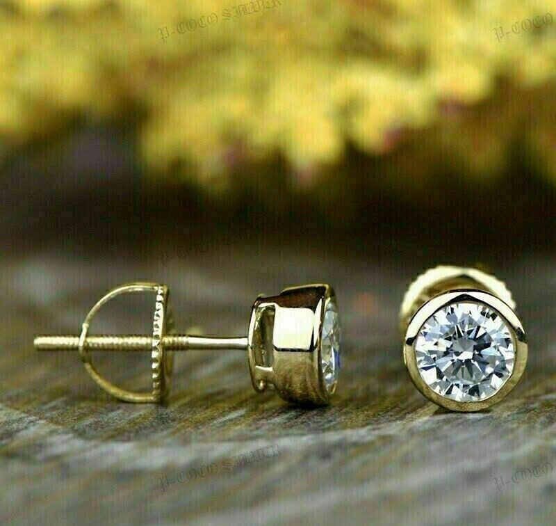 2Ct Round Lab Created Diamond Bezel Set Solitaire Stud Earrings 14K Gold Plated
