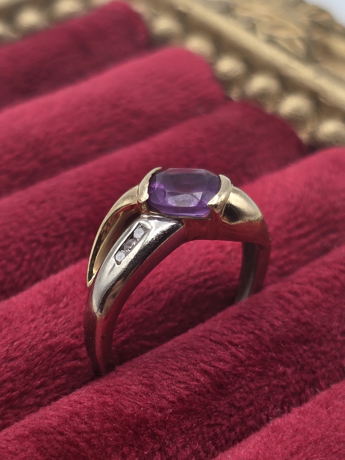 ​Solid 10K Two Tone Gold Amethyst Cushion Cut Diamond Accent Ring Size 5 2.60g