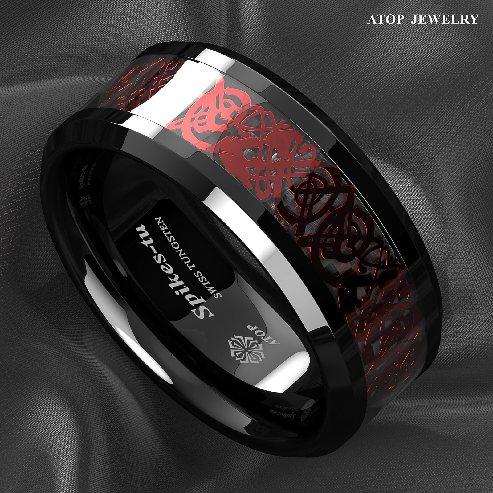 ATOP 8/6mm Men Black Red Tungsten Ring Wedding Band Celtic Dragon Carbon fiber