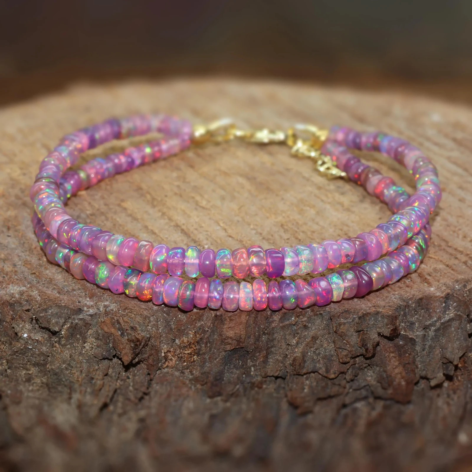 Natural Lavender Opal Smooth Beads Two Strand Bracelet, Multifire Ethiopian Opal