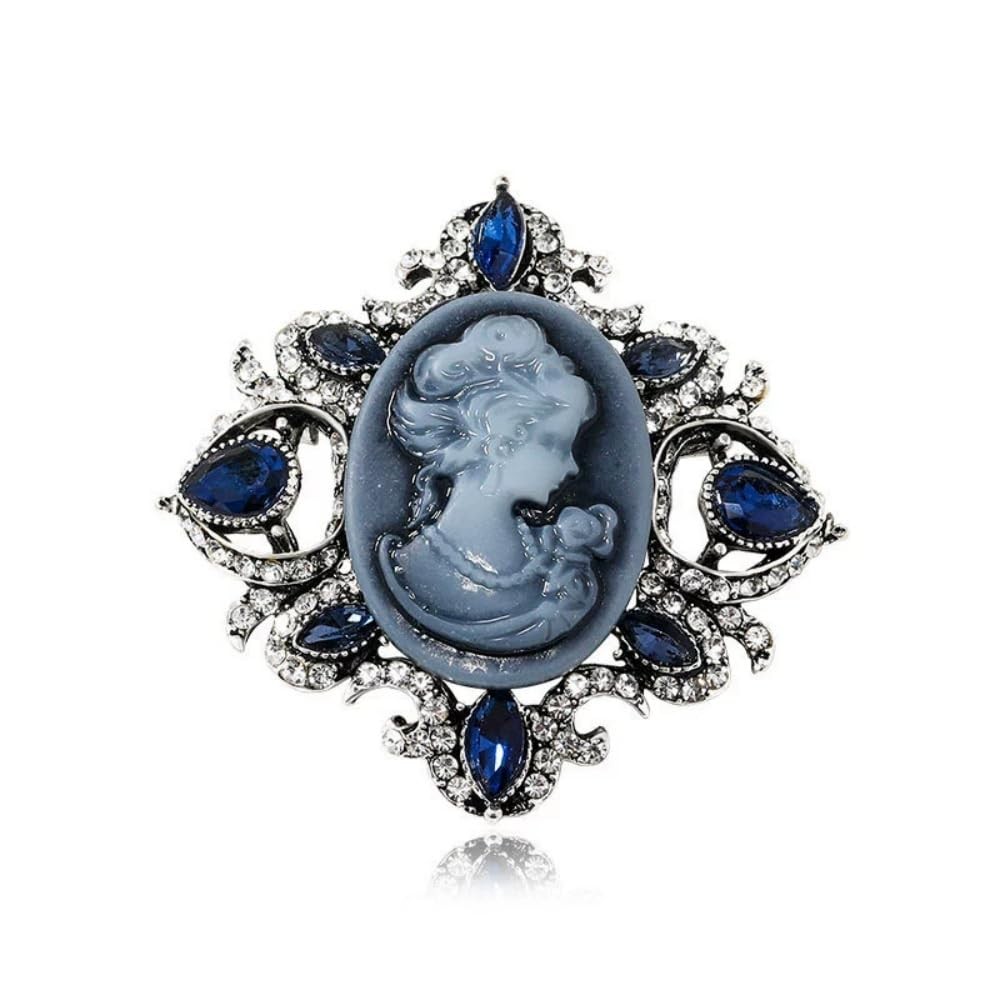 Vintage Cameo Lady Rhinestone Brooch Pin for Women Girls Antique Medium, Blue