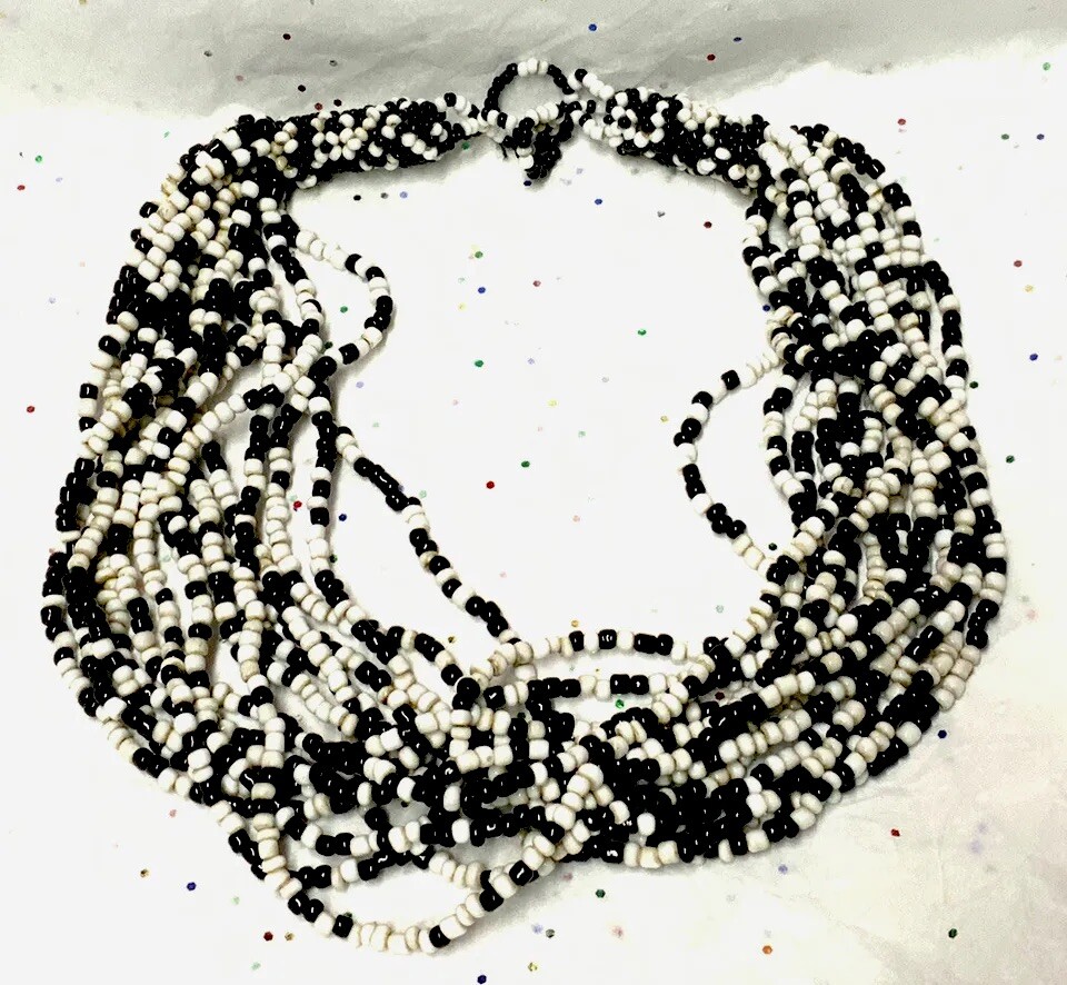 Vintage To Mod Black-White Plastic/Acrylic/Lucite/Crystal Bead Necklace {13~Lot}
