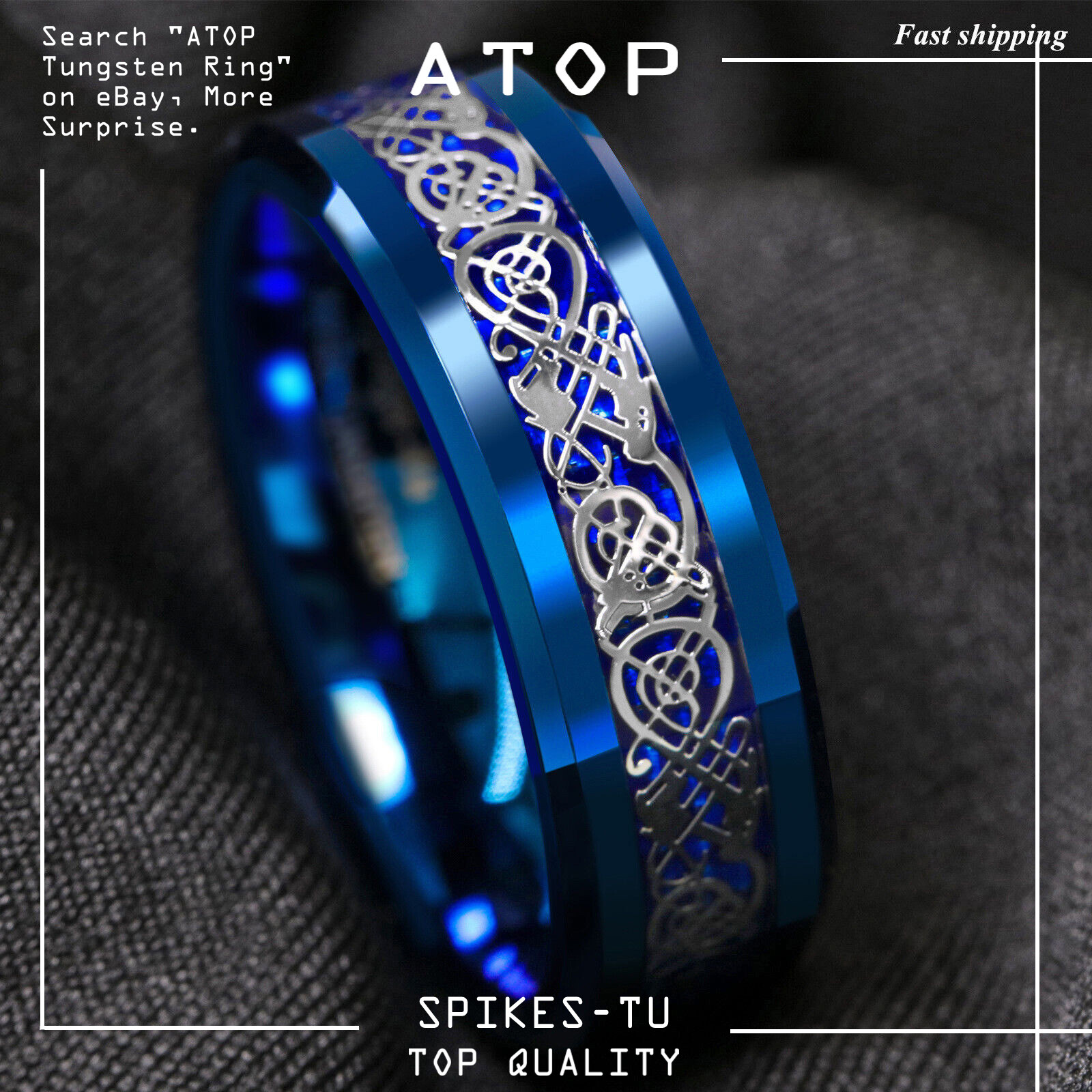 8mm Blue Tungsten Carbide Ring Celtic Dragon Carbon Fibre ATOP Men’s Jewelry