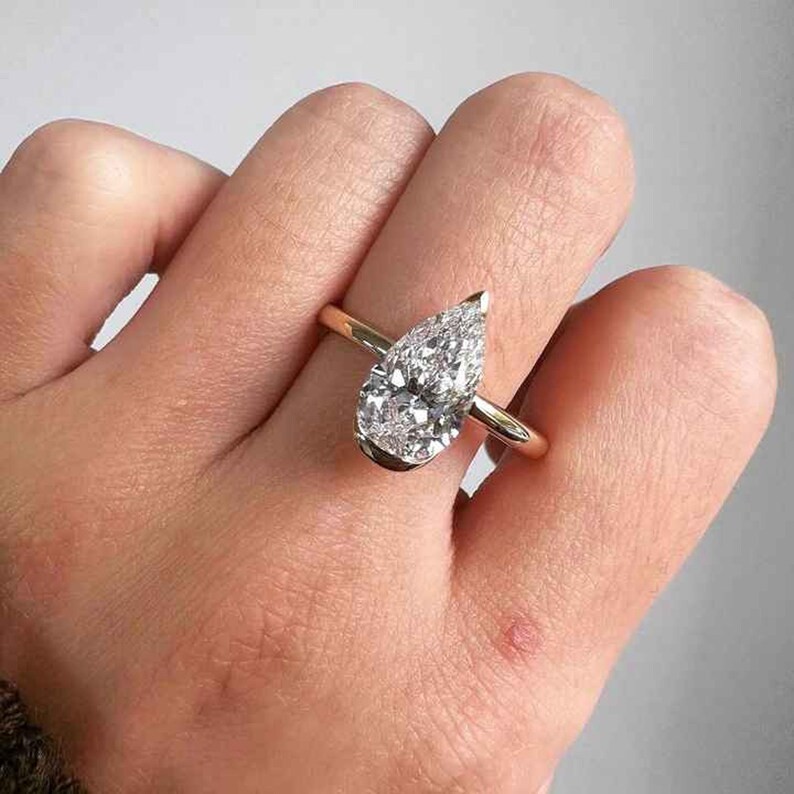 3CT Pear-Cut Moissanite Half Bezel Engagement Ring 14k Yellow Gold Plated
