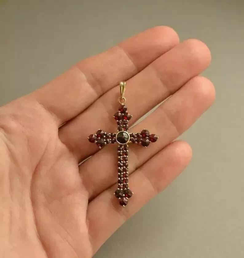 3Ct Round Cut Red Ruby Cross Beautiful Pendant 14K Yellow Gold Finish
