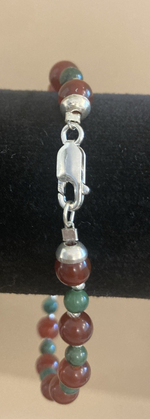 Vintage Carnelian & Jade Beaded Bracelet Sterling Silver 925 Clasp 7.5” BOHO NEW