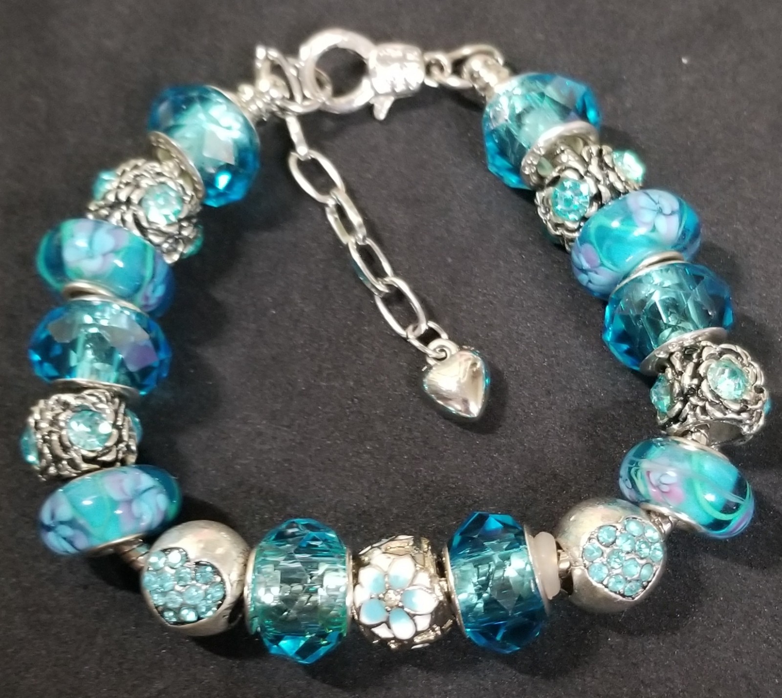 7.9″ FLOWER HEART CHARM MURANO LAMPWORK GLASS BEADS RHINESTONE SPACERS BRACELET