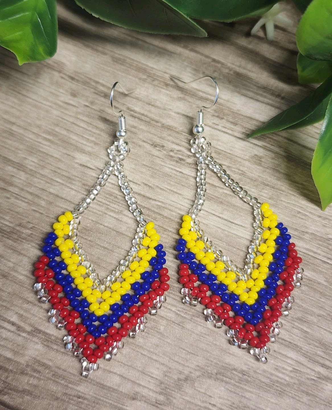 Handmade Seed Bead Earrings Colombia Flag Colors Boho Dangle Teardrop Jewelry