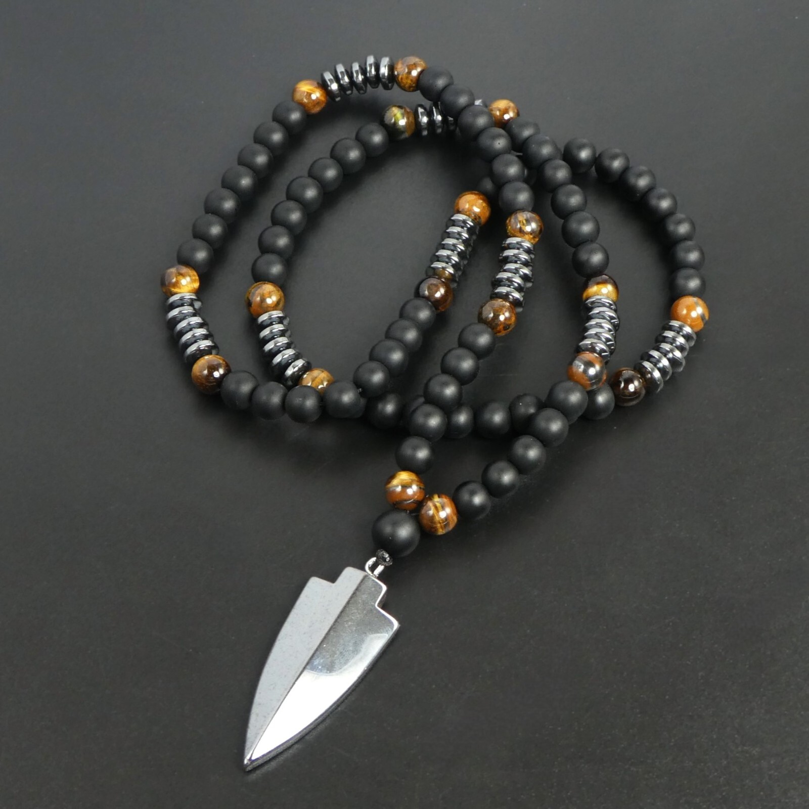 Tiger Eye Matte Black Onyx Hematite Arrowhead Pendant 29″ Long Necklace Man Gift