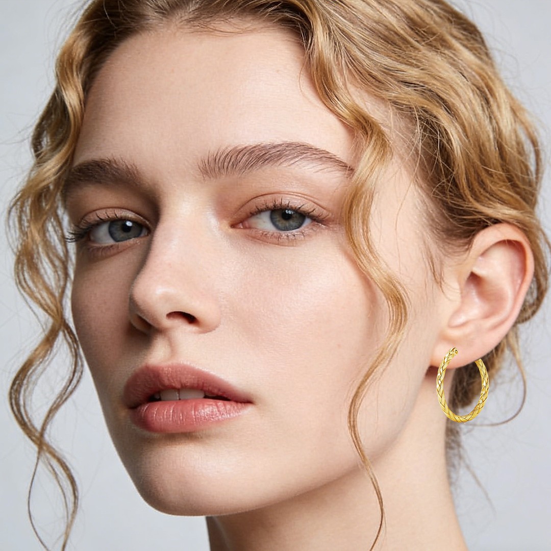 14K Gold Earrings for Women Weave Design Hoop Earrings Classic Earring 30MM